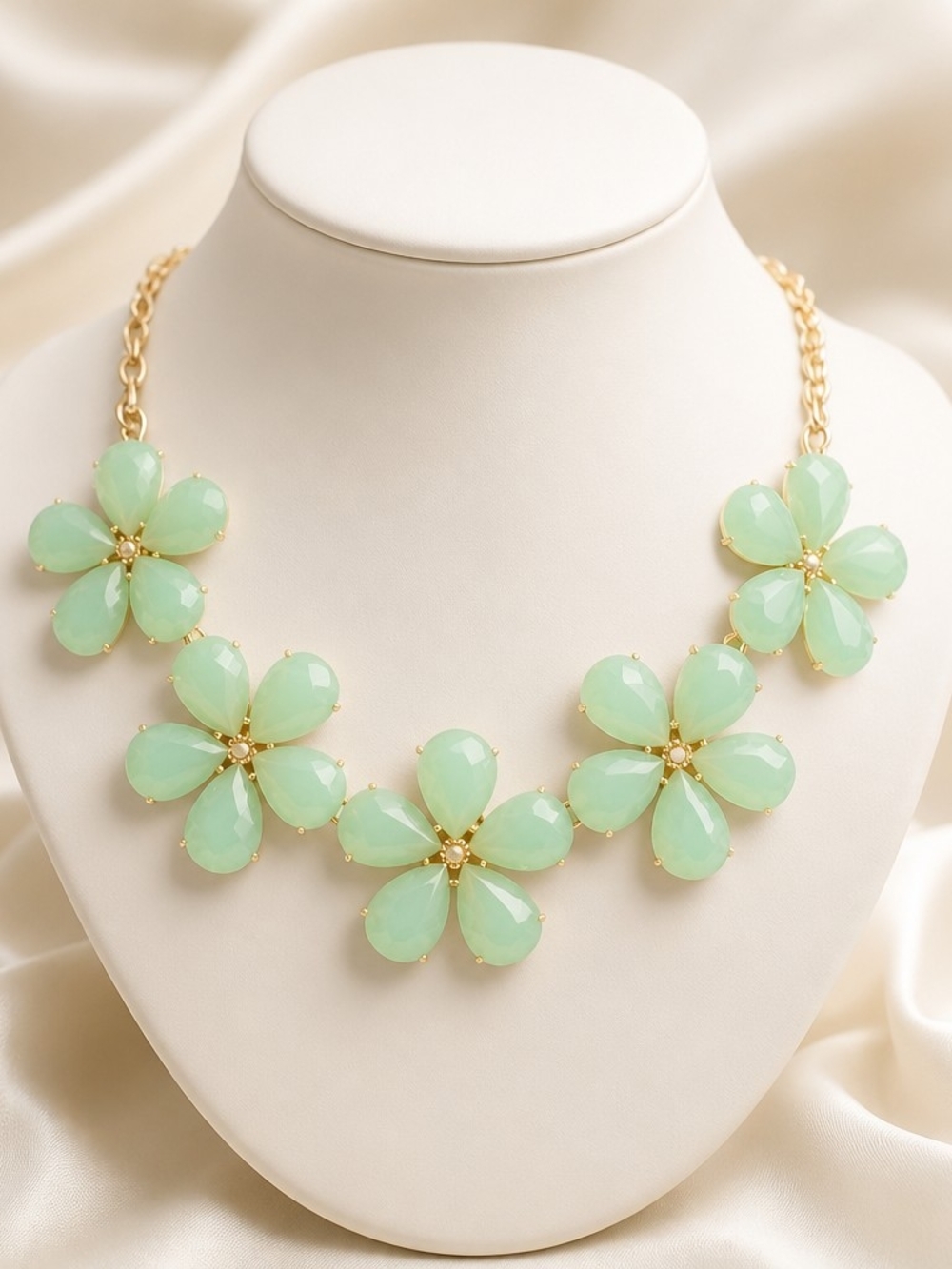 Gold-Trim Mint Green Floral Statement Necklace